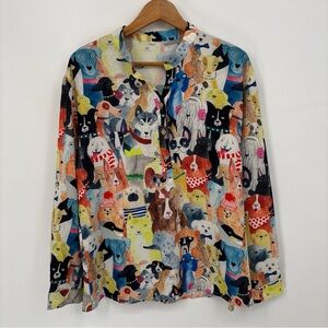 Animal Print Top Womens L Dogs Colorful Long Sleeve 1/4 Button Novelty Pets